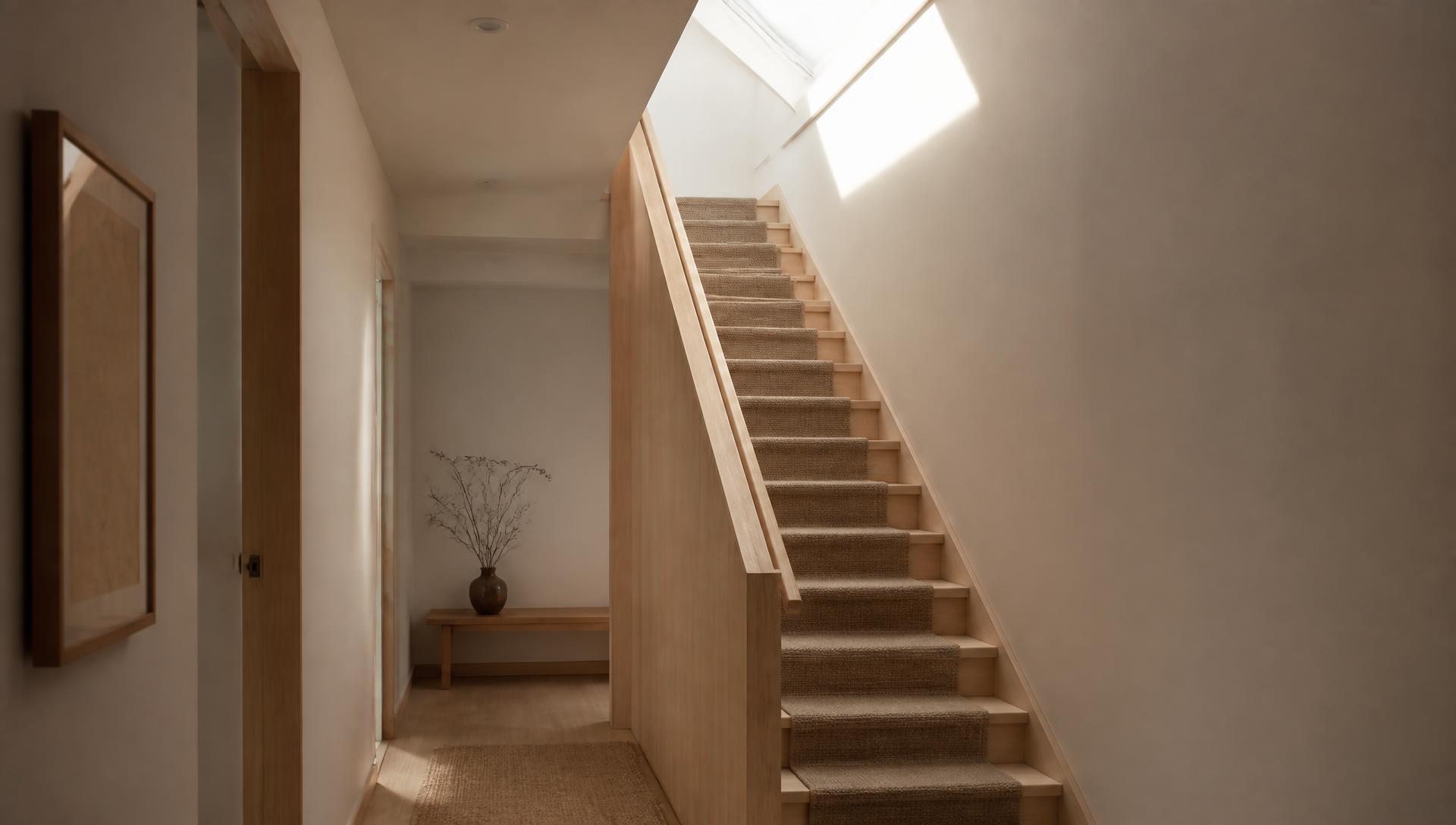 Quiet Nordic hallway with a pale oak staircase lit from a roof window above