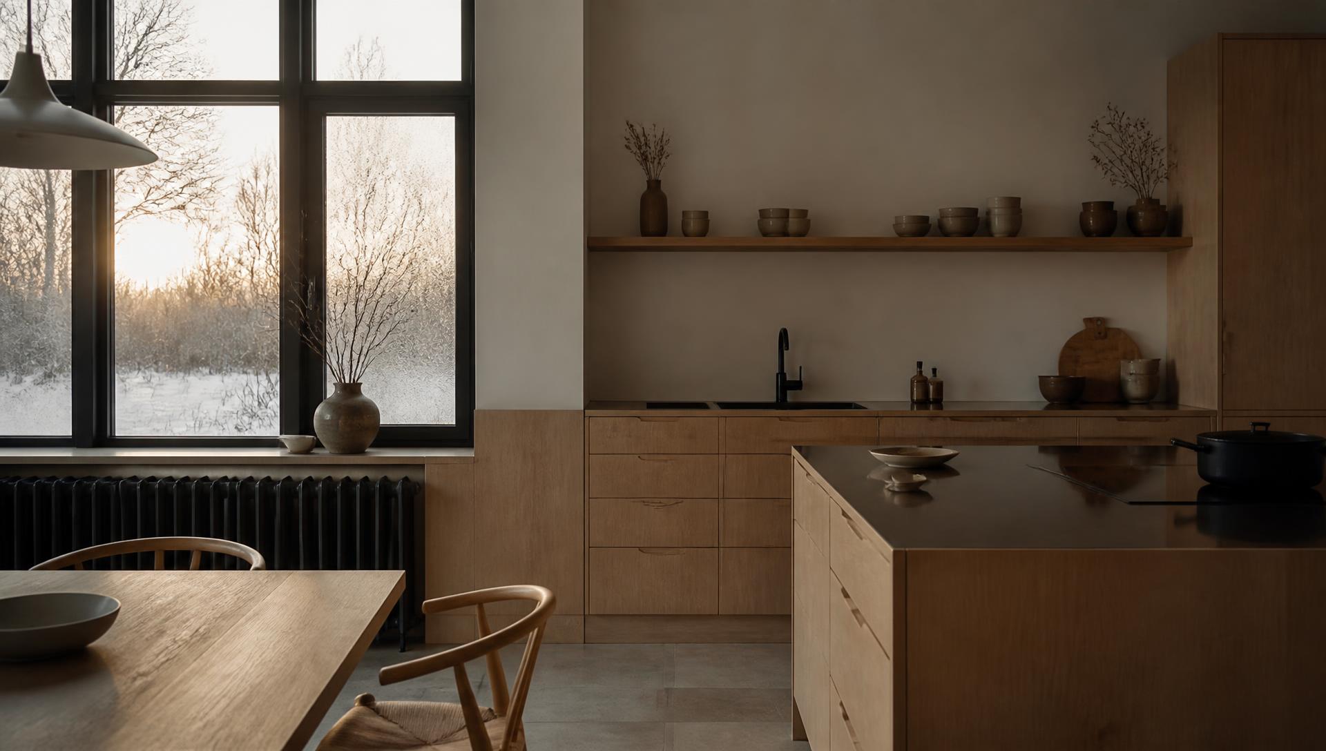 Nordic kitchen on a winter morning with low sun through black-framed glazing