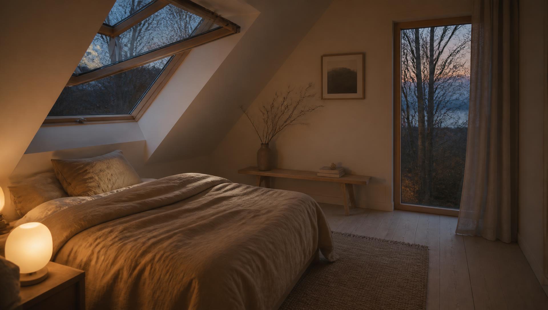 Nordic bedroom at dusk with warm lamp light and a top-hung roof window slightly open