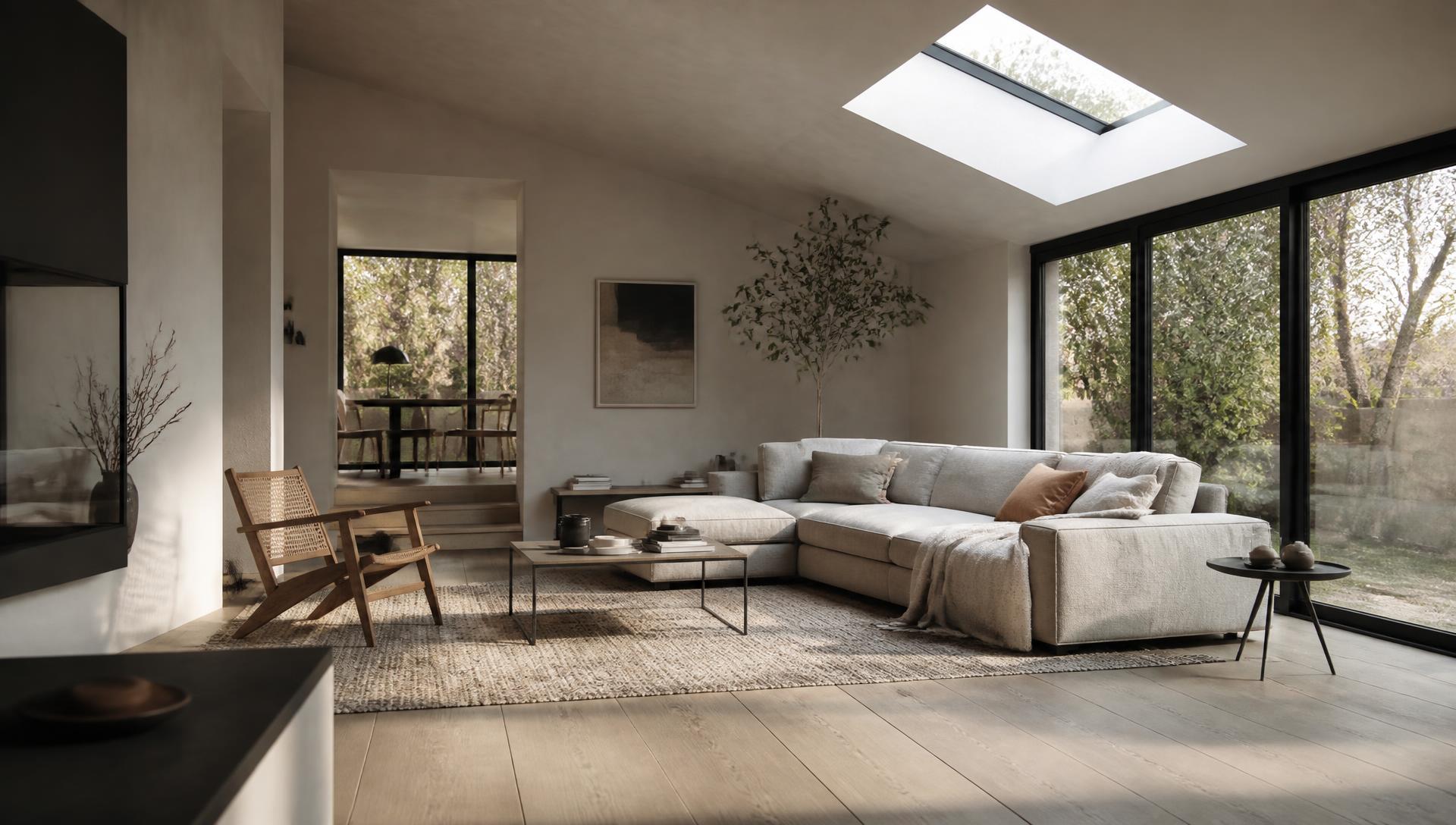 Nordic living room with roof-window daylight falling across a pale oak floor