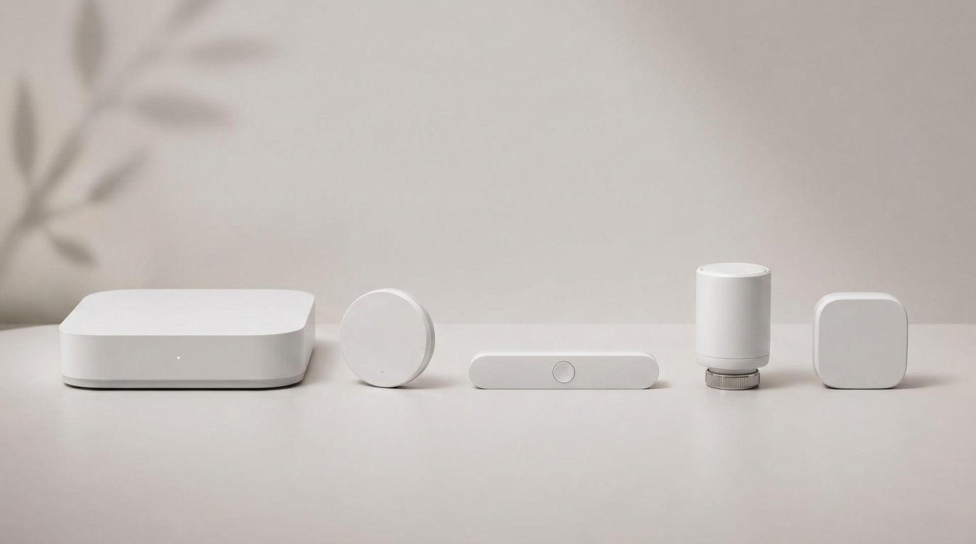 The five Smart Climate devices in a row: core hub, climate sensor, window actuator, radiator thermostat and shading controller