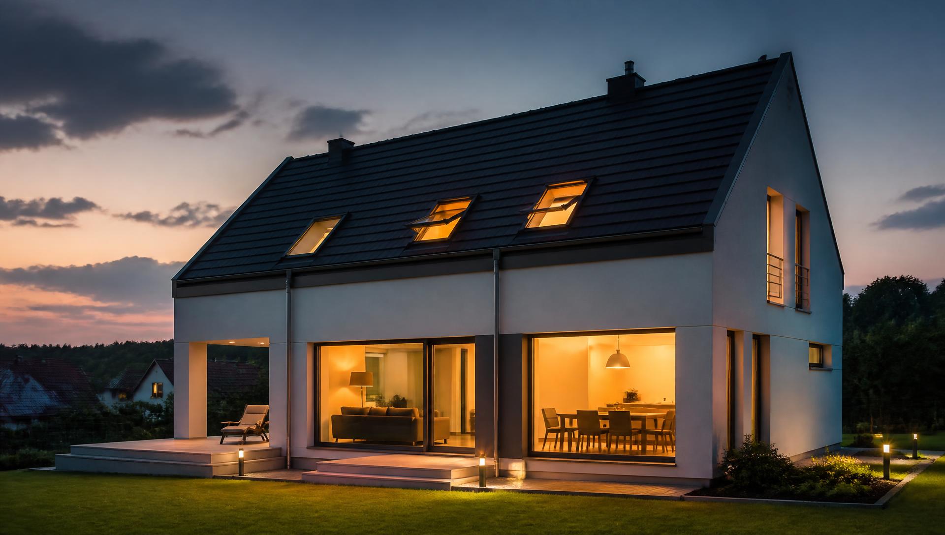 Home in the evening with warm interior light and windows slightly open